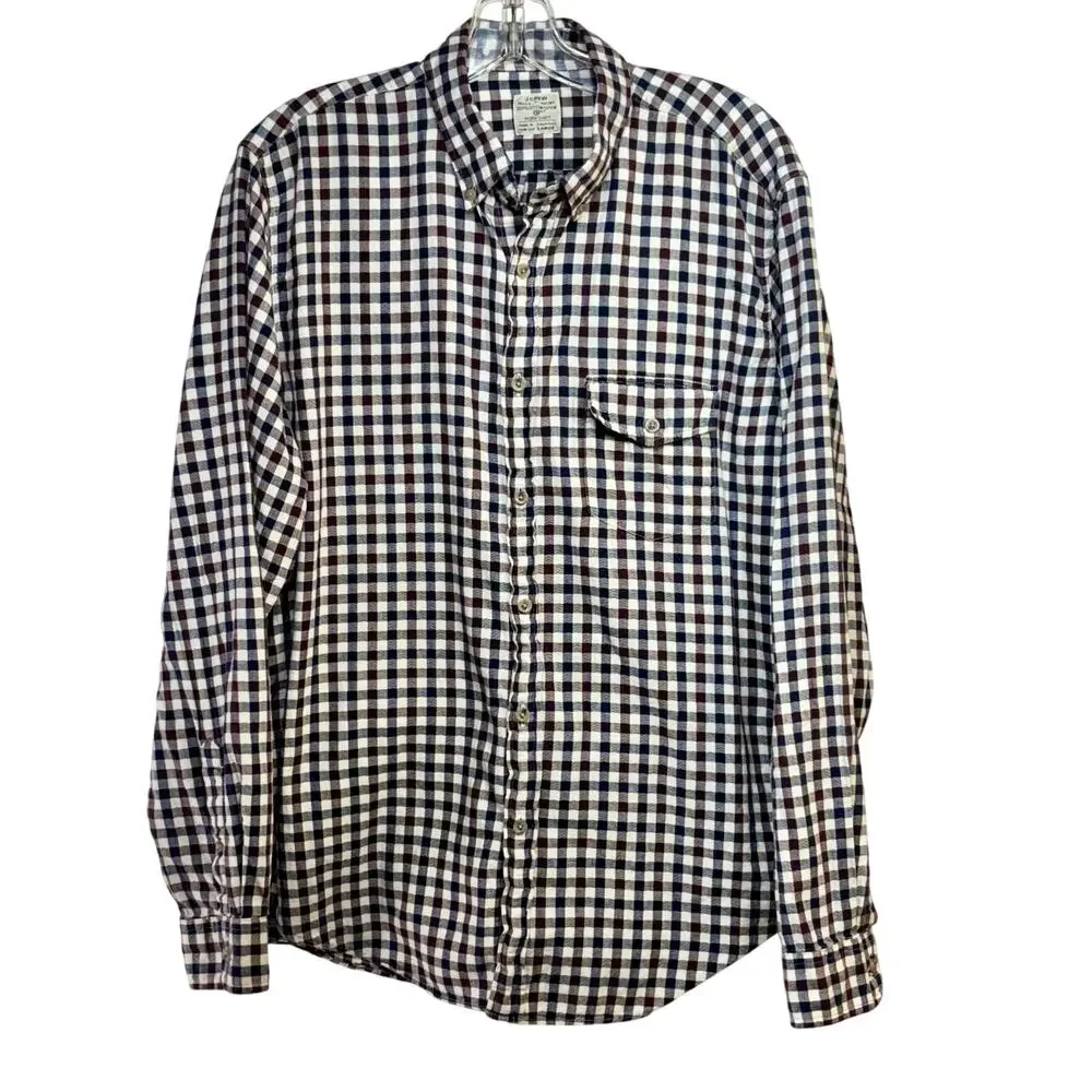 J. Crew Work Shirt Button Down Shirt Men's LG Cotton Navy Wine Gingham Check